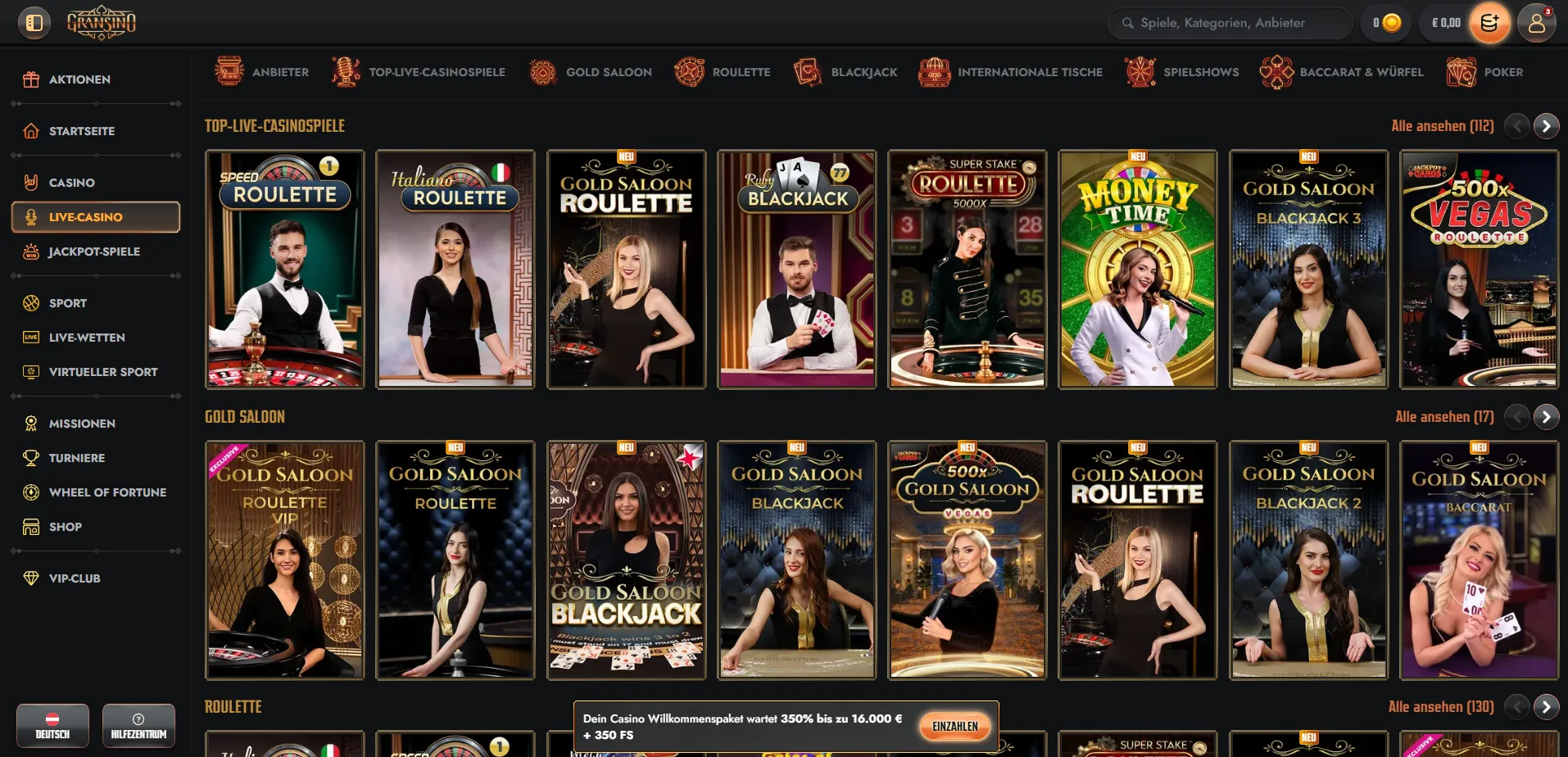 Live-Casino-Tische und Spielshows bei Gransino