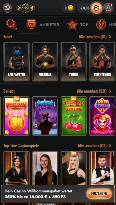 Mobile Gransino-Ansicht mit Casino und Sportwetten