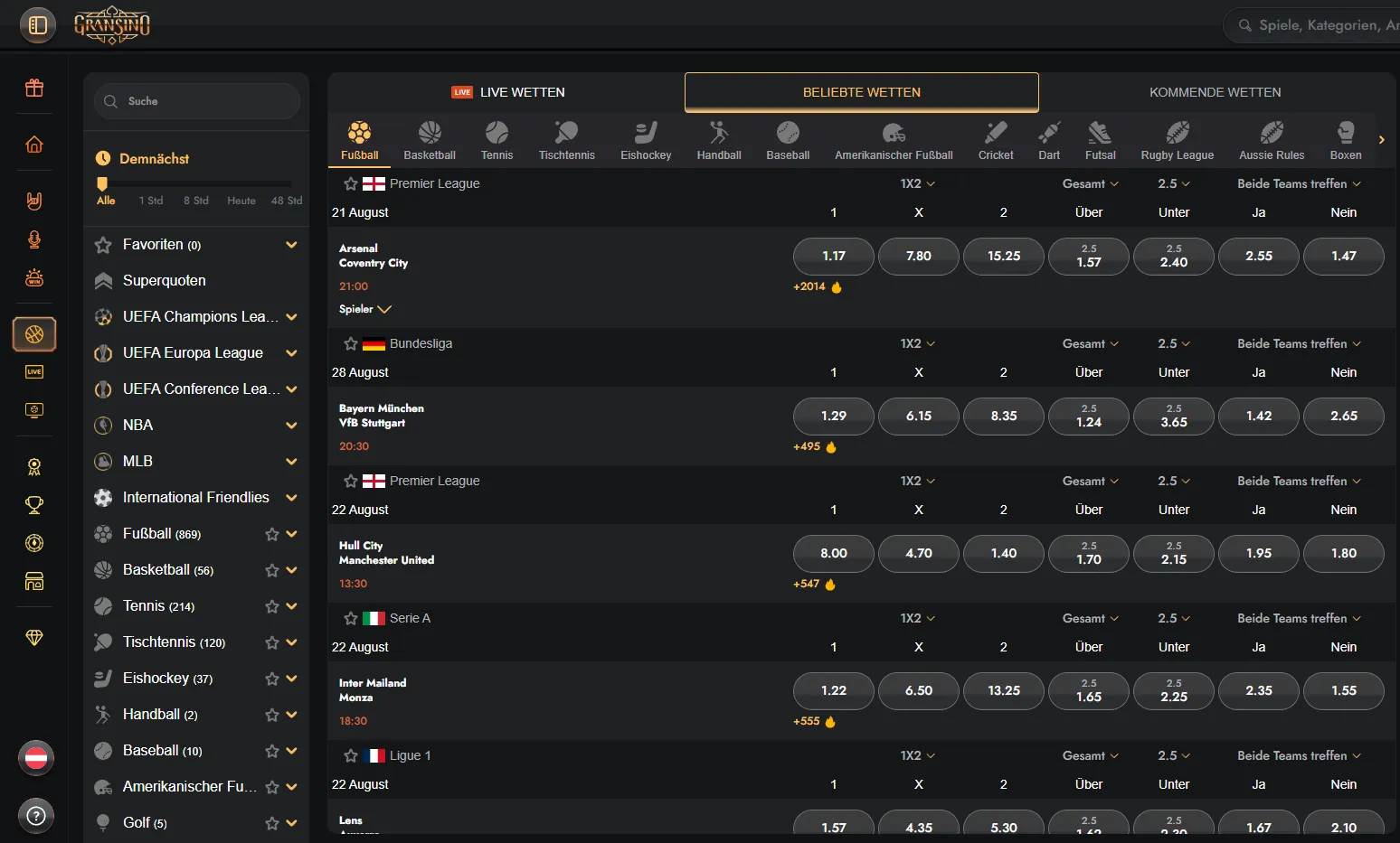 Navigation für Casino, Sportwetten und Angebote bei Gransino