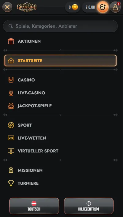 Gransino mobil für Casino, Wetten und Konto