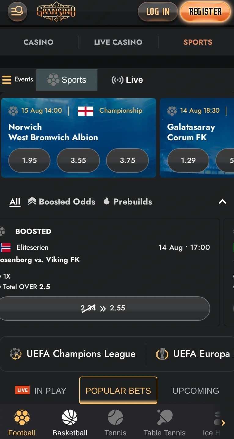 Gransino mobile browser casino and sportsbook interface