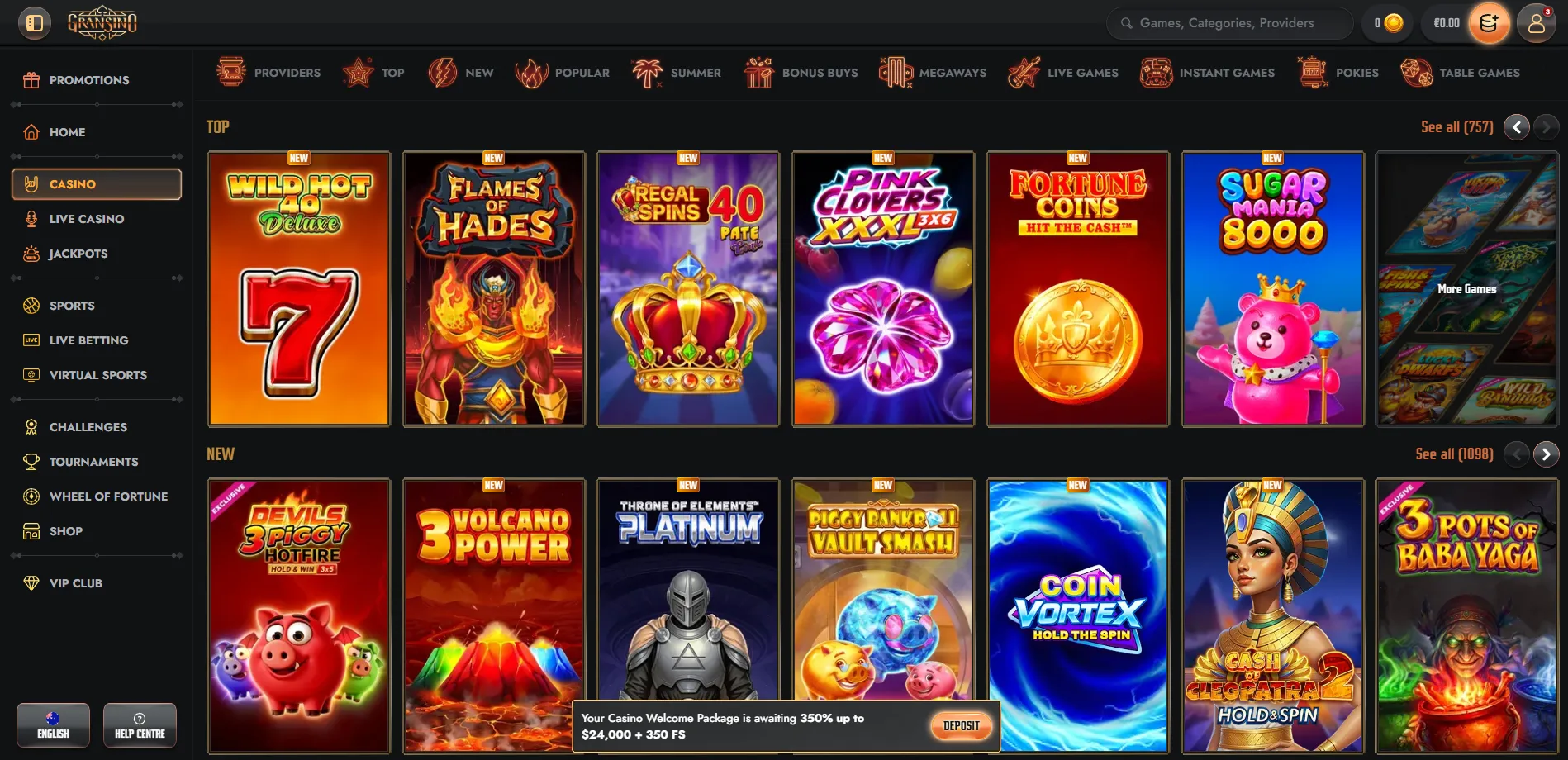 Gransino casino lobby category navigation overview