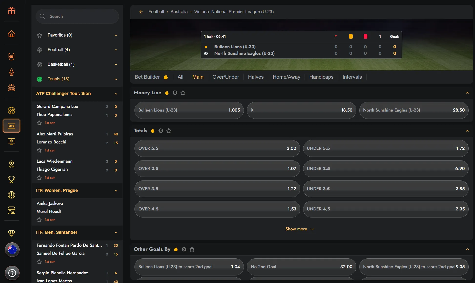 Live betting markets with changing odds