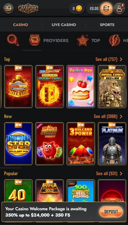 Gransino casino in a mobile browser