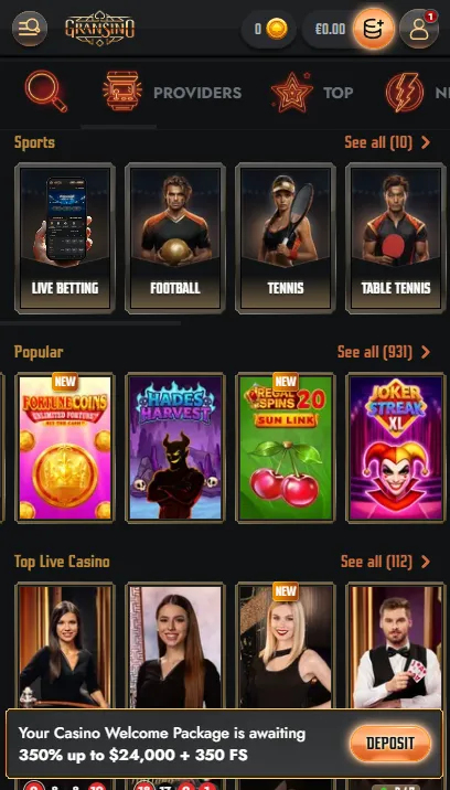 Gransino mobile casino and sports navigation