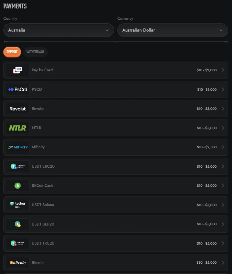 Gransino payments and withdrawals