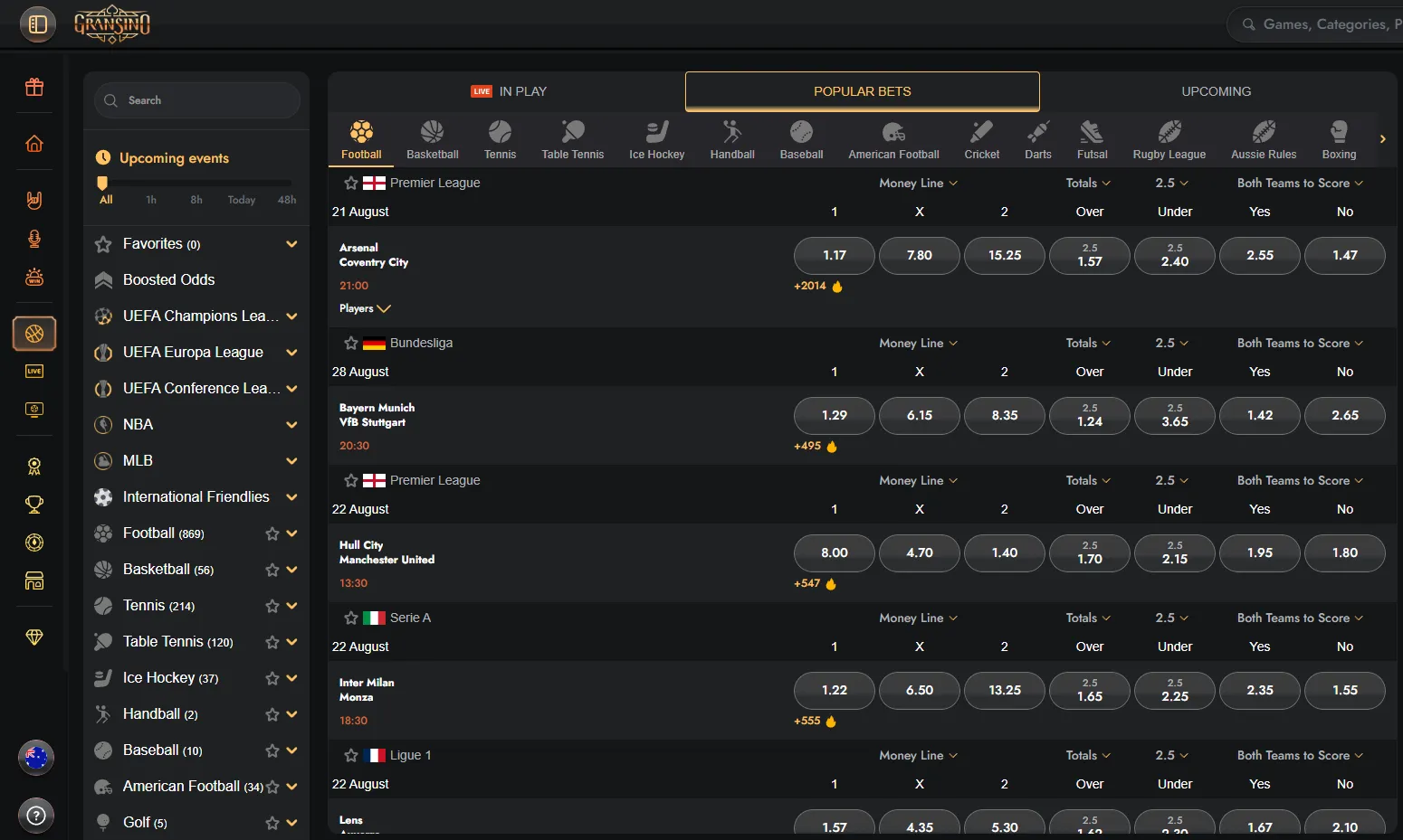 Sports betting menu with pre-match and live markets