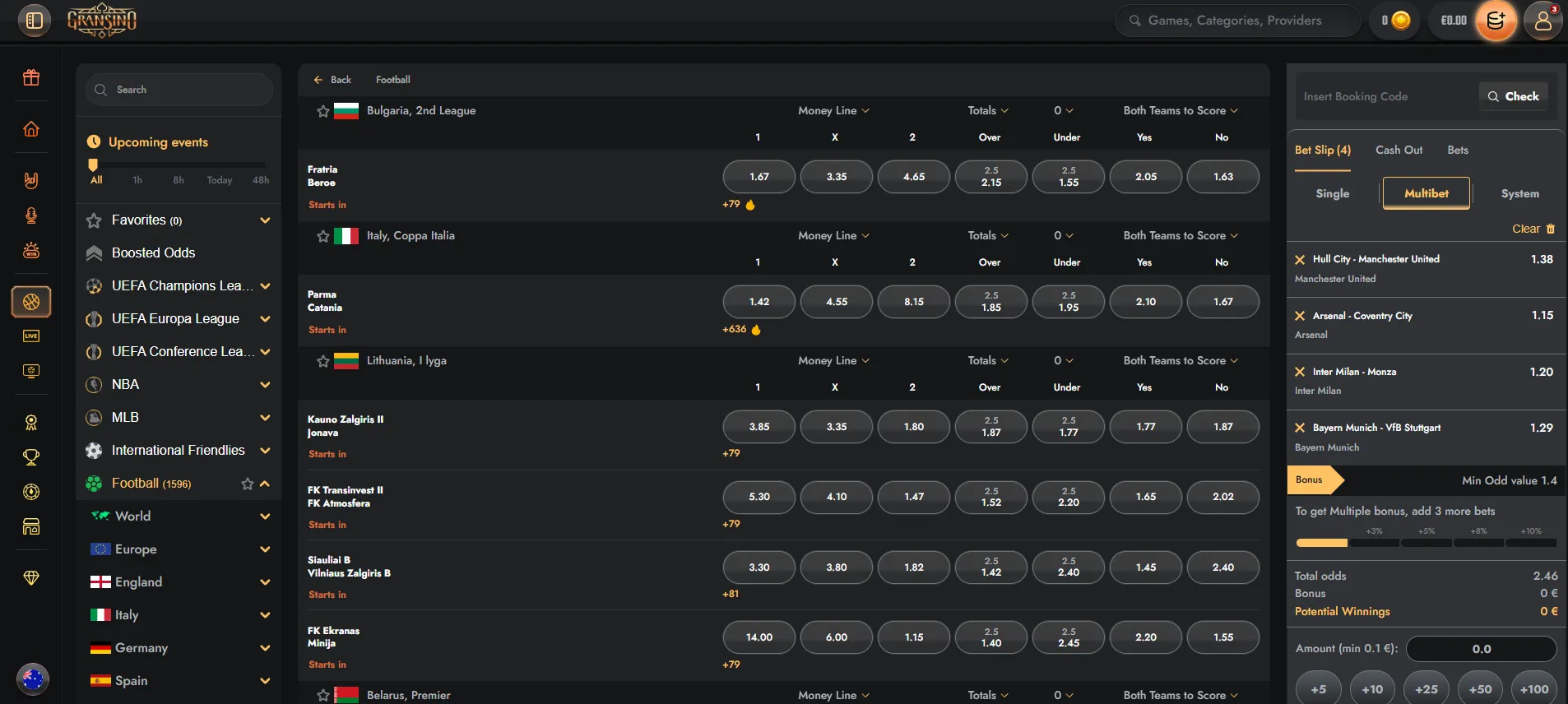 Gransino sportsbook sports, markets and live betting