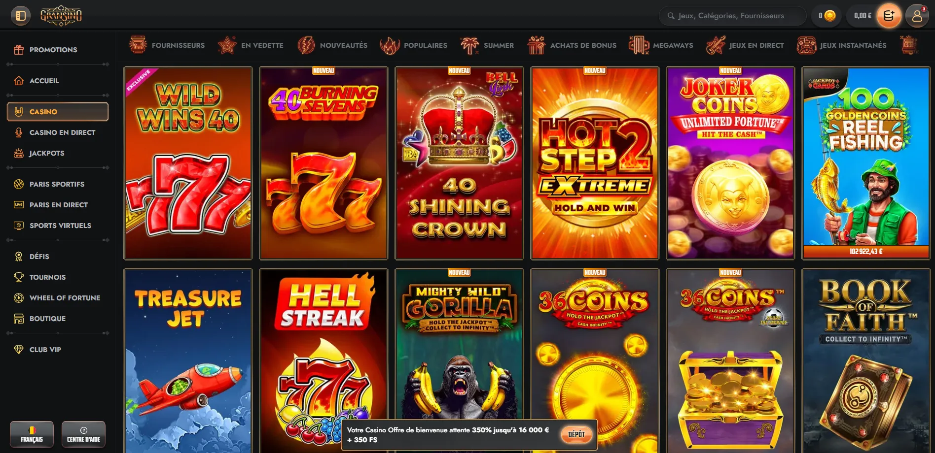 Sélection de jeux du casino Gransino