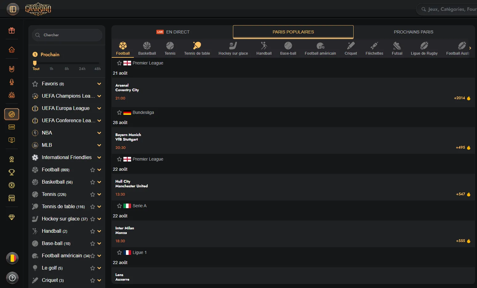Menu des sports disponibles sur Gransino