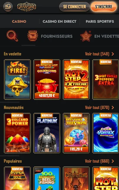 Interface mobile sombre de Gransino