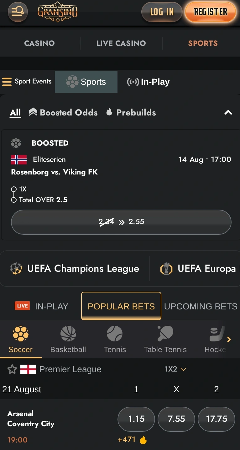 Mobile browser showing Gransino casino and sportsbook navigation