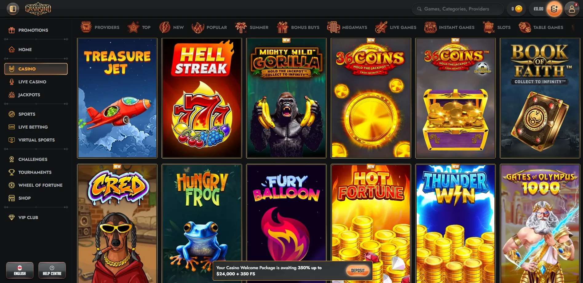 Gransino casino lobby with slots and tables
