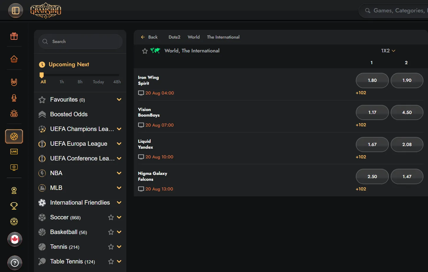 Betting menu with esports and virtual sports sections
