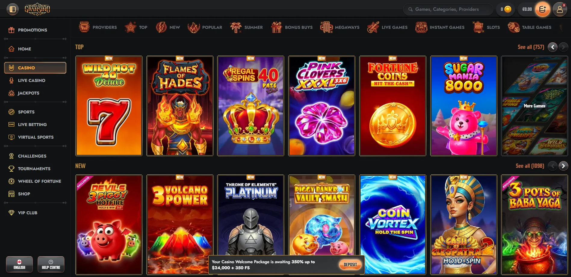 Gransino casino categories for games and providers
