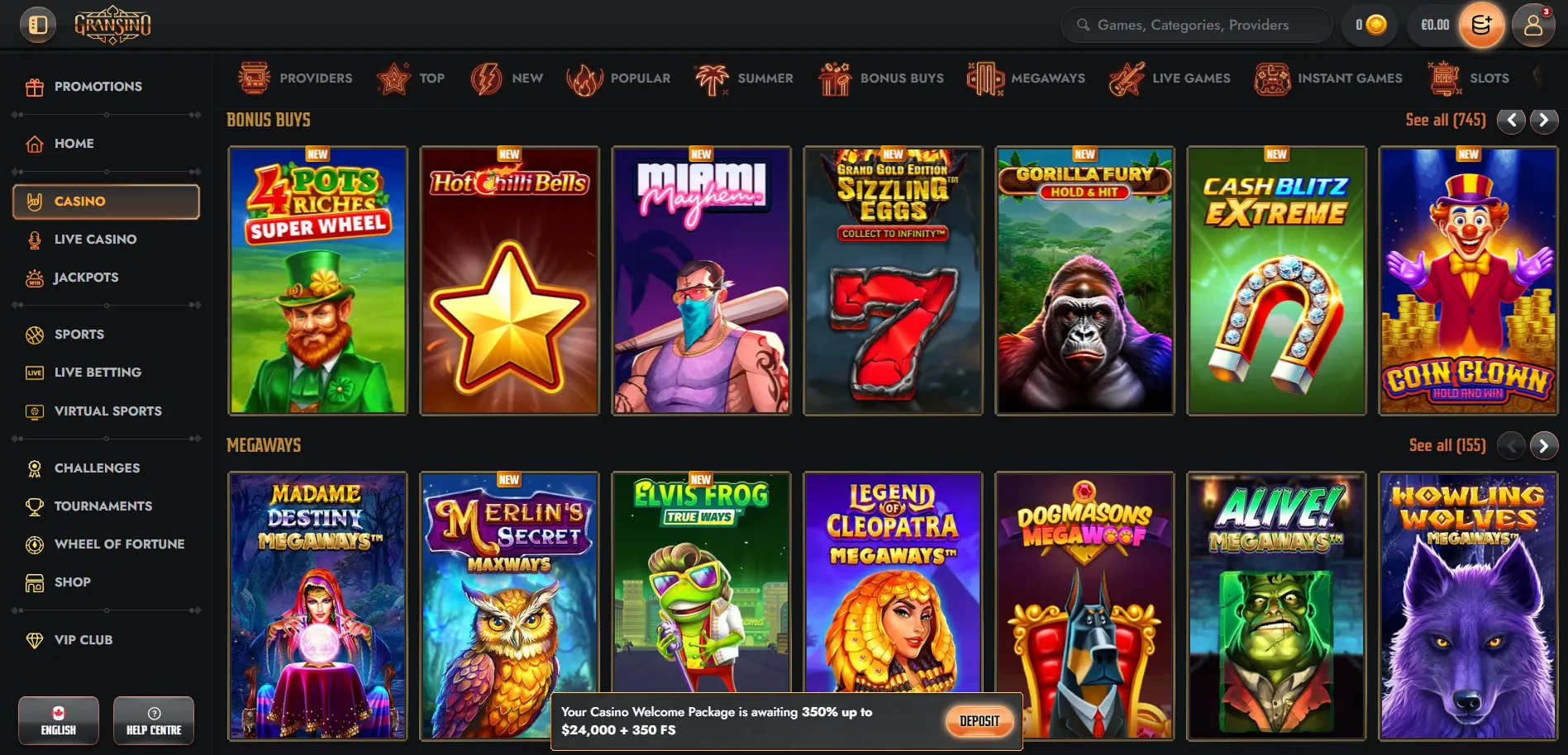 Gransino jackpot games and slot categories