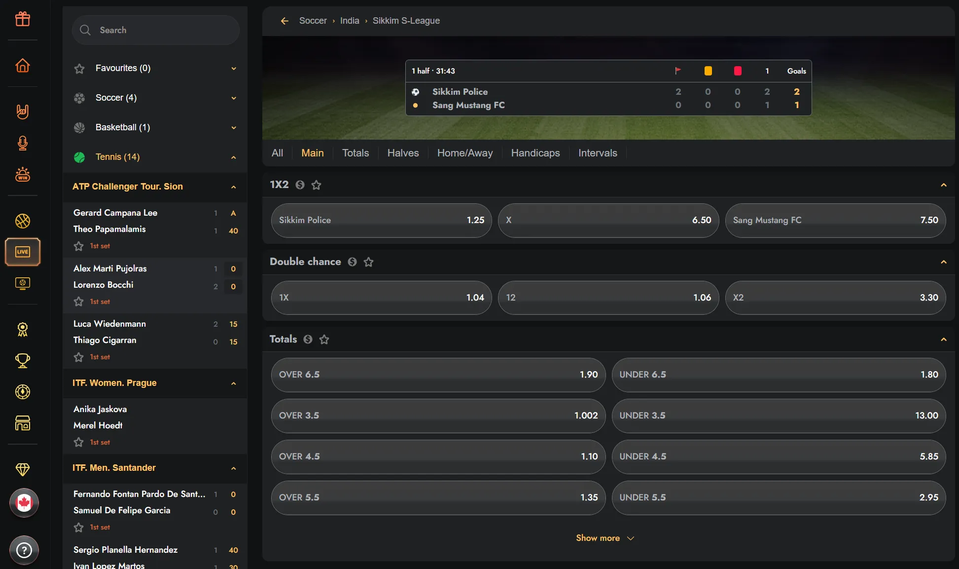 Live betting screen with changing odds and markets
