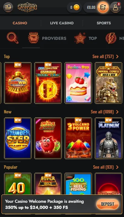 Gransino casino on a mobile browser