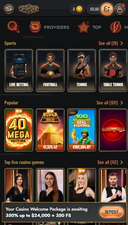 Gransino mobile browser interface with casino and sports sections