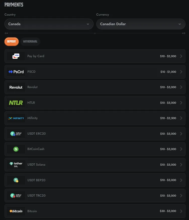Gransino payments and withdrawals