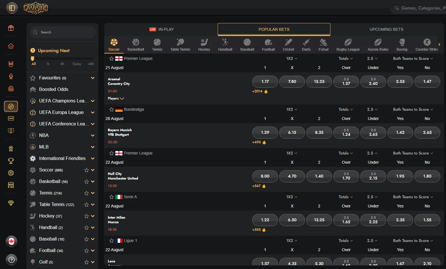 Sports navigation with football basketball tennis and hockey