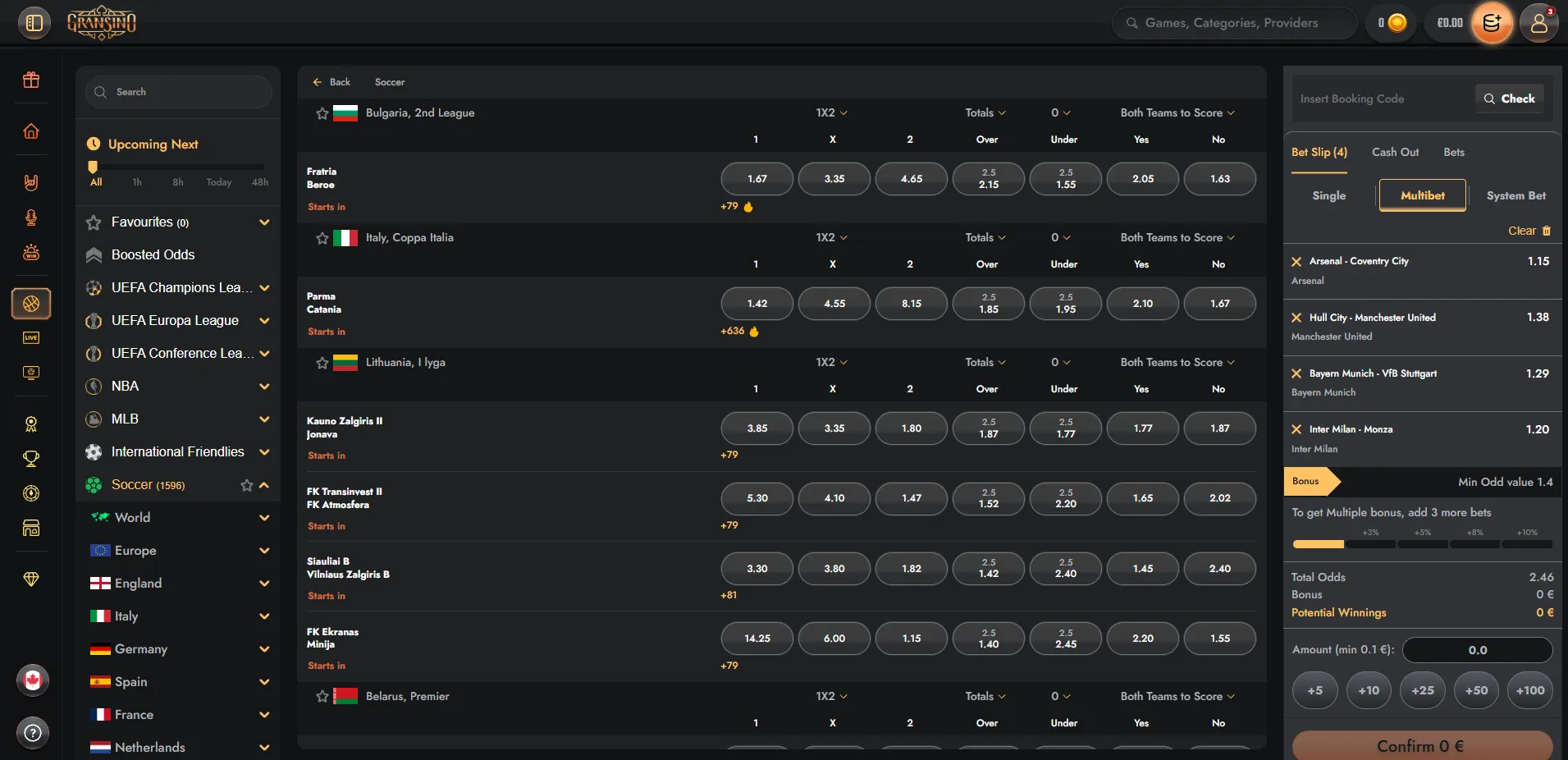 Gransino sportsbook screen showing sports and live betting selections