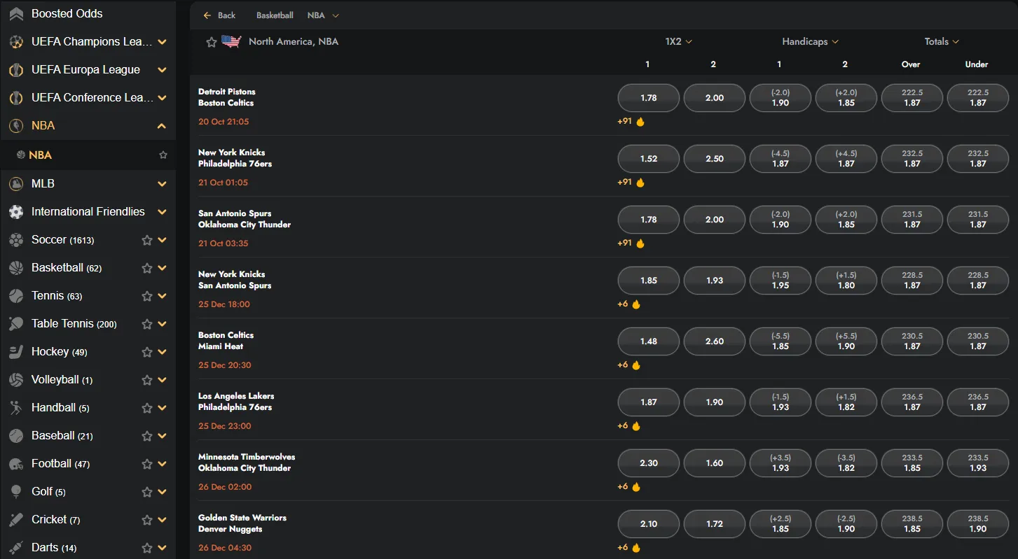 Sportsbook menu for leagues markets and live events