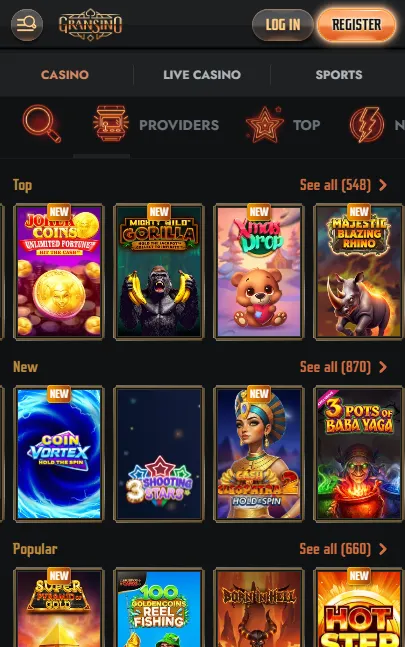 Gransino mobile casino interface
