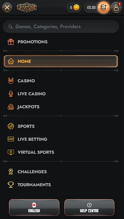 Gransino mobile browser access for games and betting