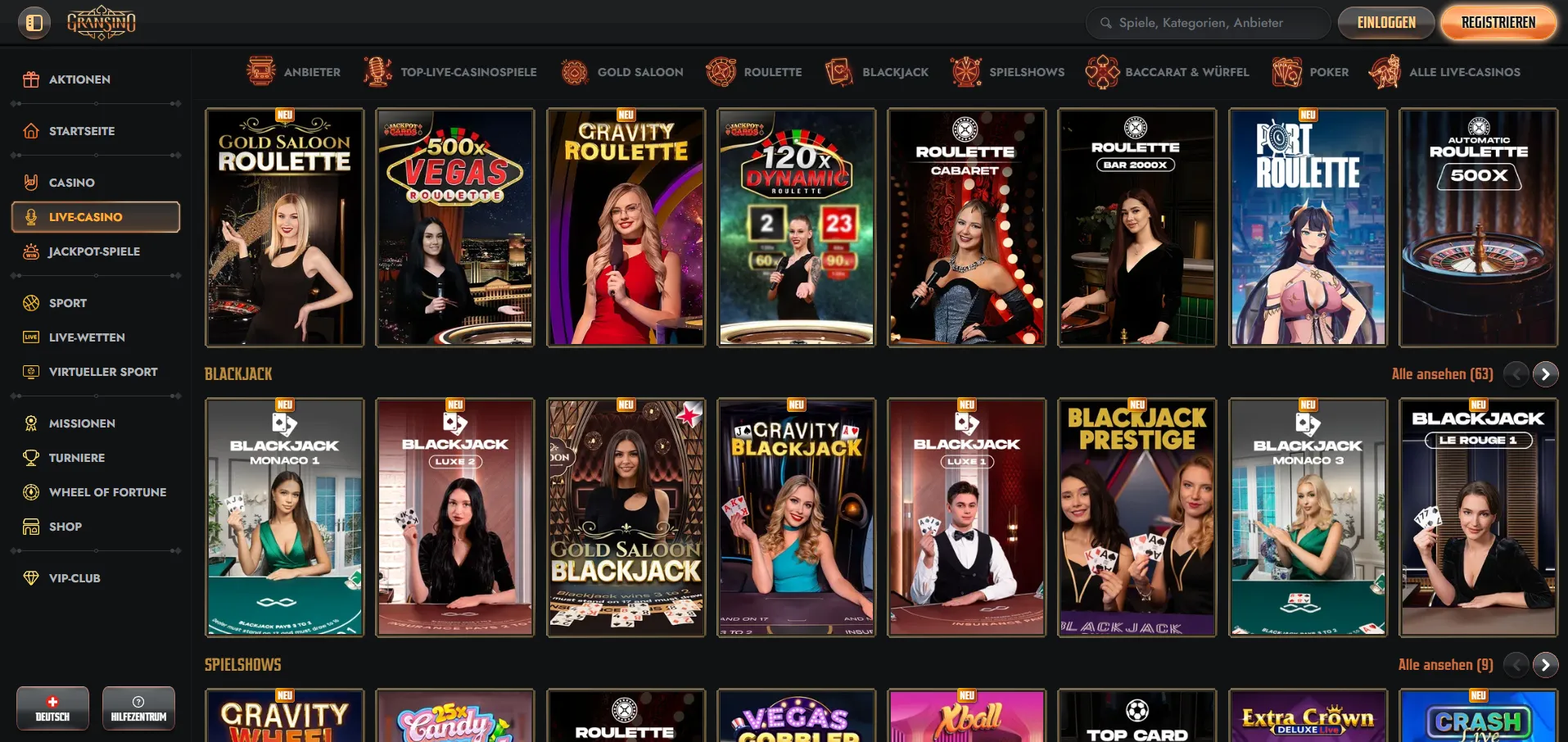 Live-Casino mit Roulette, Blackjack und Spielshows