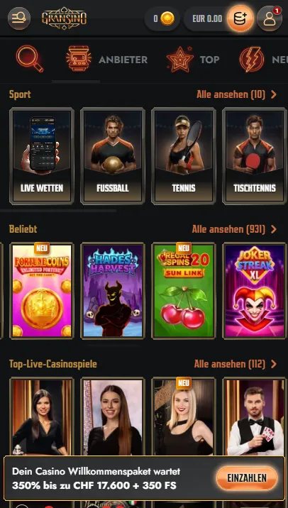 Mobile Gransino-Ansichten für Spiele, Wetten und Konto