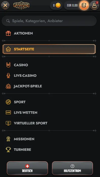 Mobile Nutzung von Gransino im Browser