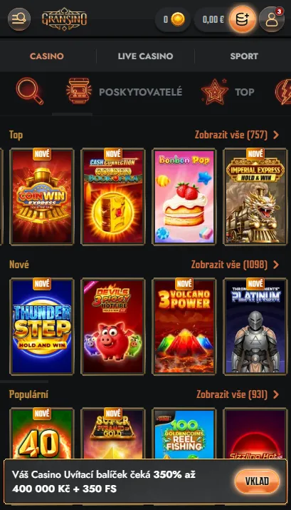 Mobilní kasino Gransino v prohlížeči