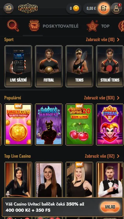 Rozhraní mobilního webu Gransino pro hry a sázky