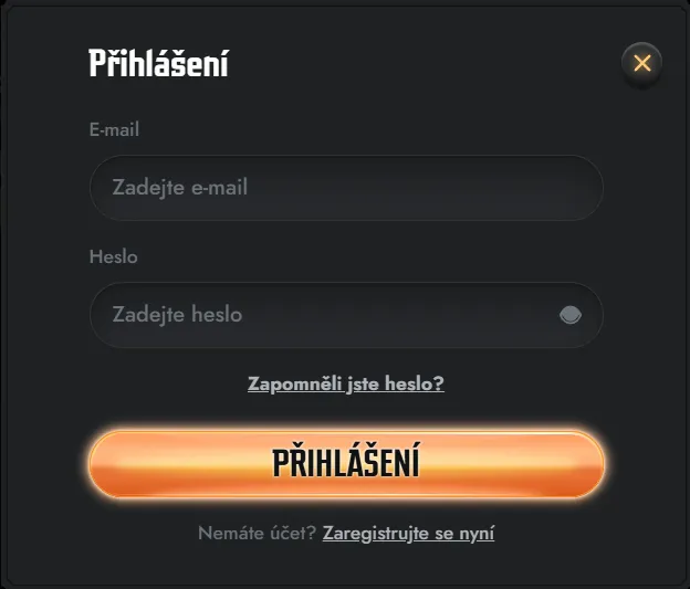 Obrazovka přihlášení do účtu Gransino na tmavém pozadí