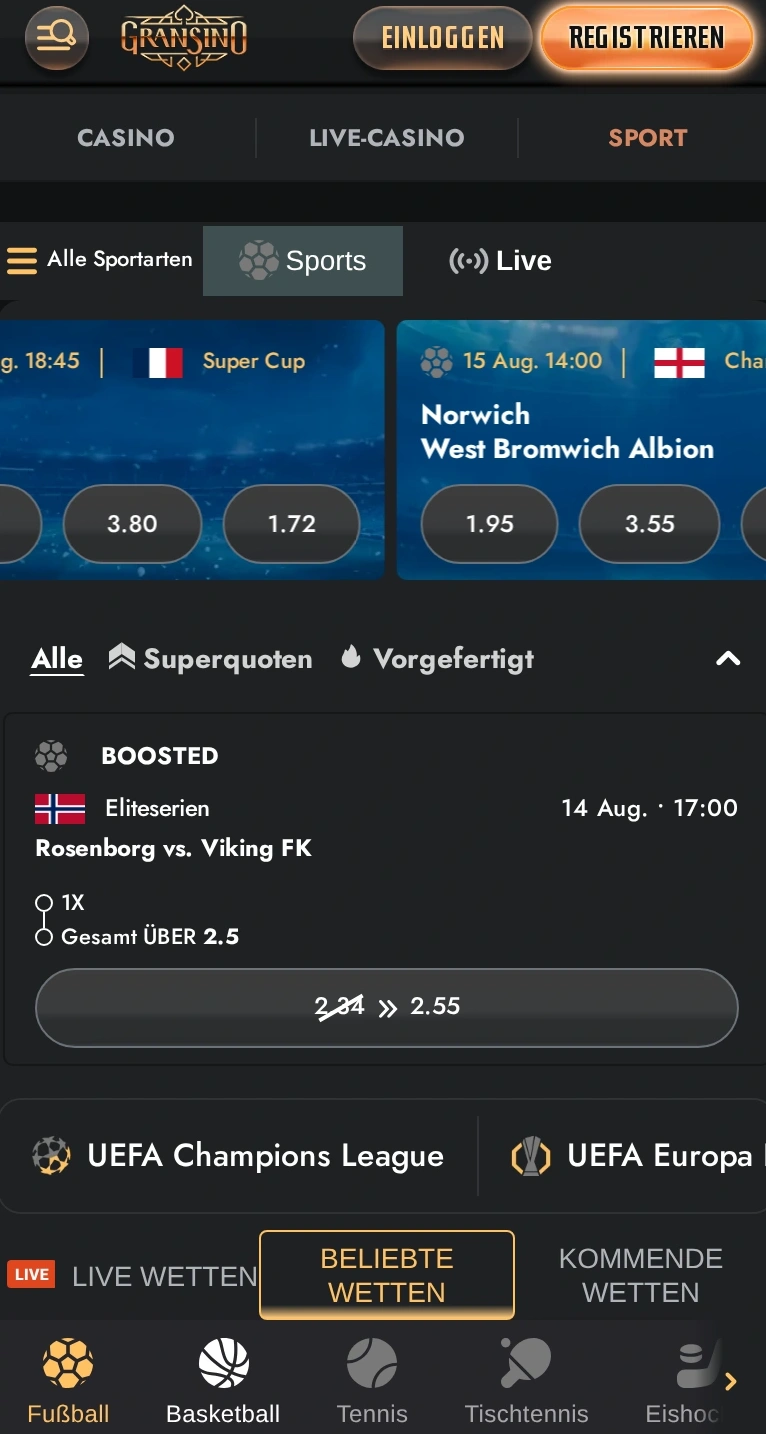 Mobile Gransino Website für Android- und iOS-Browser