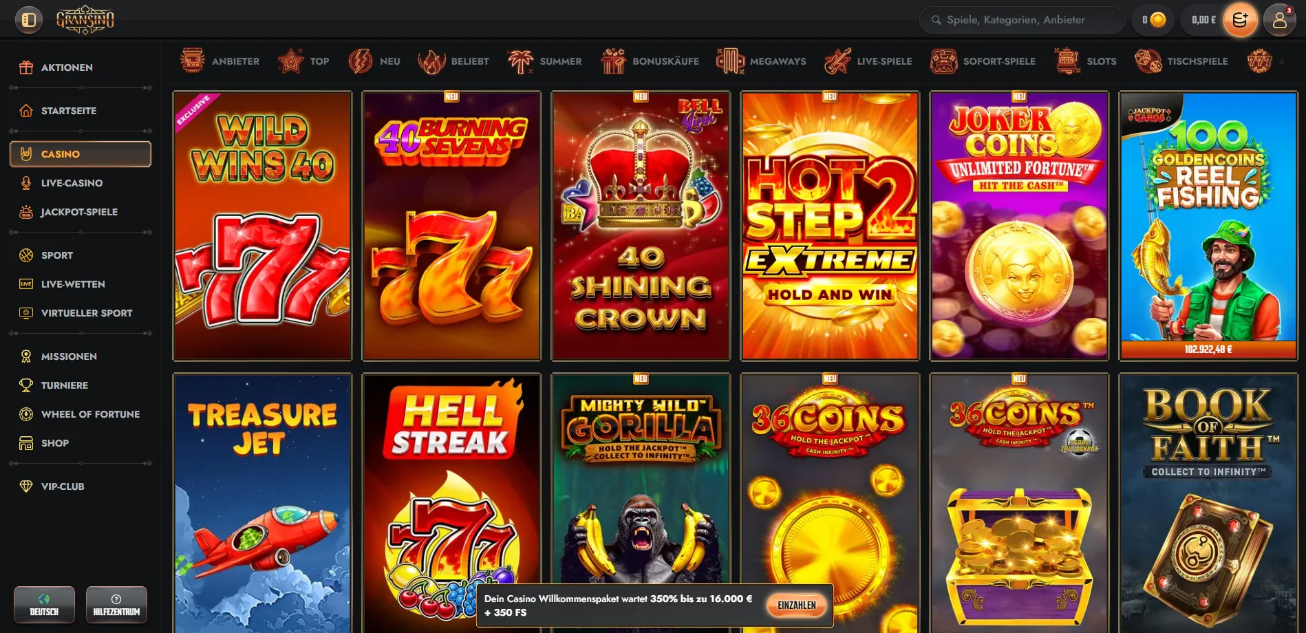 Gransino Casino mit Spielen und Kategorien