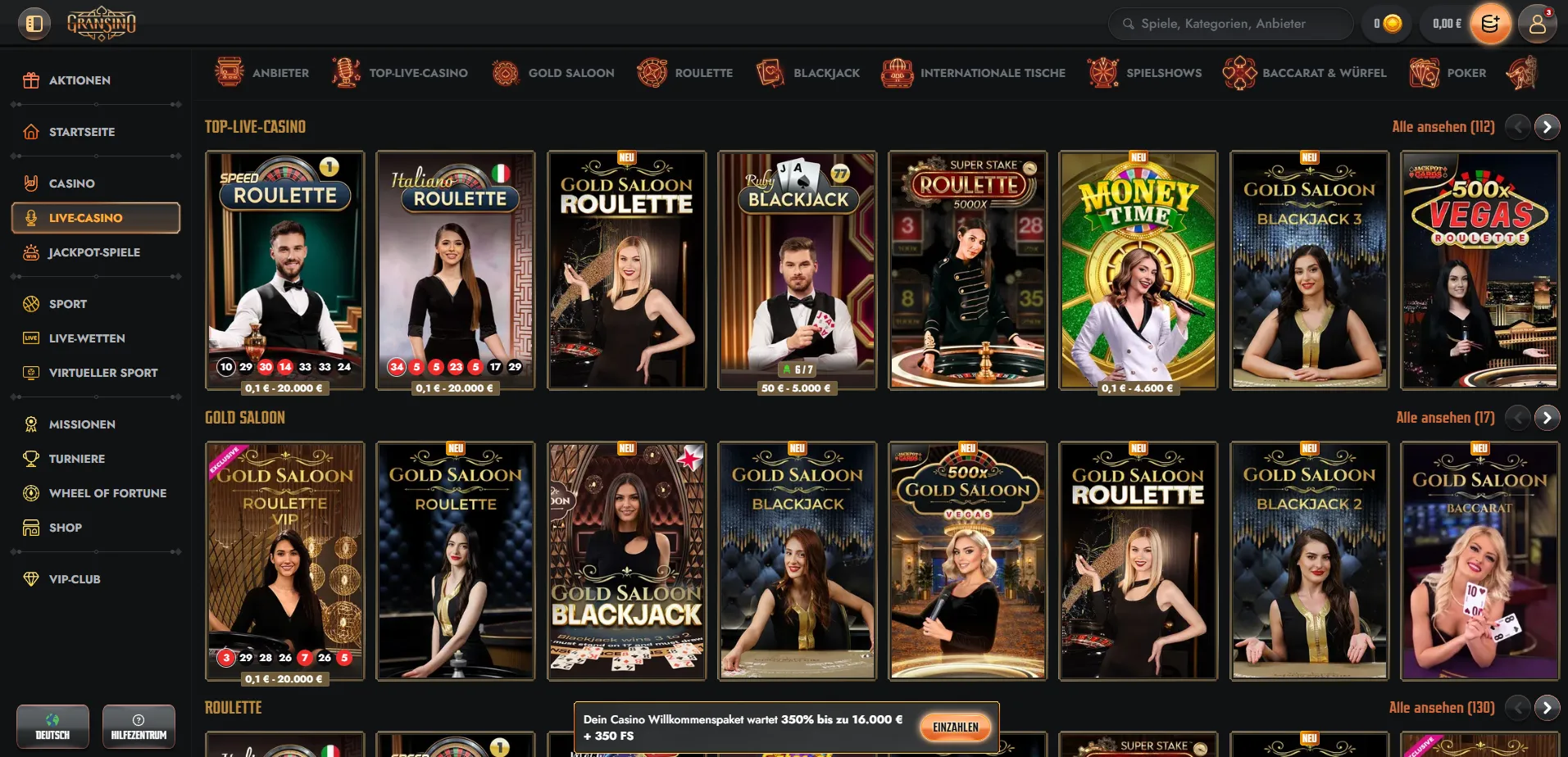 Live-Casino-Tische mit Roulette und Blackjack bei Gransino