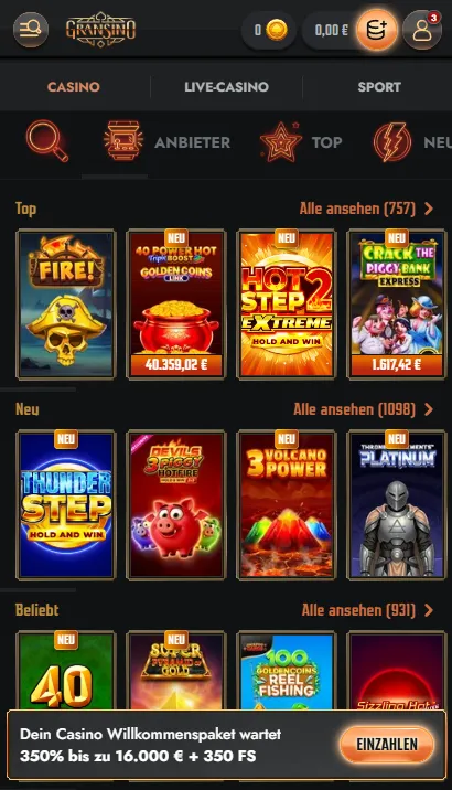 Gransino Casino im mobilen Browser