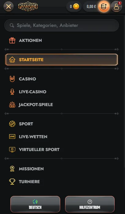 Gransino mobil mit Casino, Sportwetten und Konto-Bereich