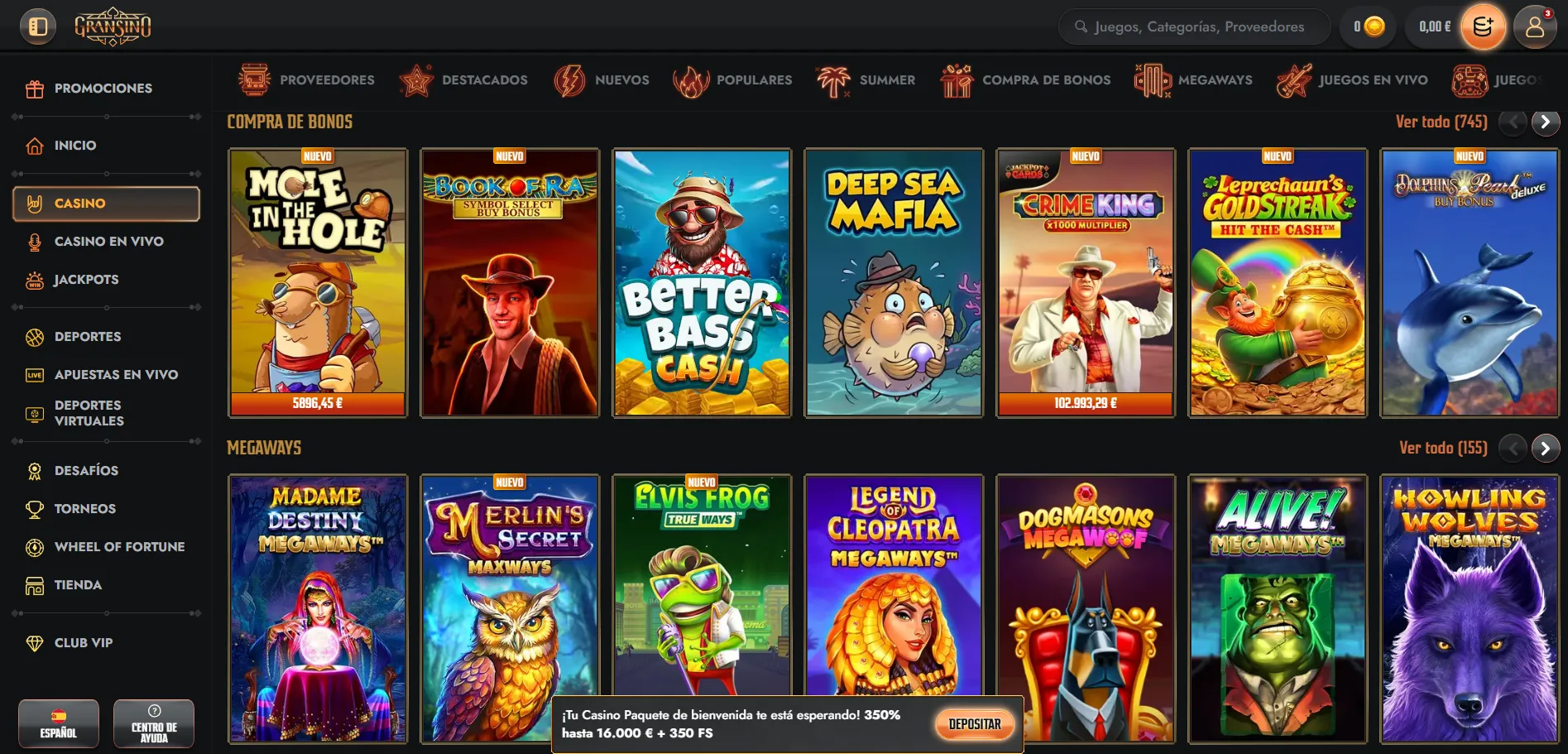 Selección de juegos de casino Gransino
