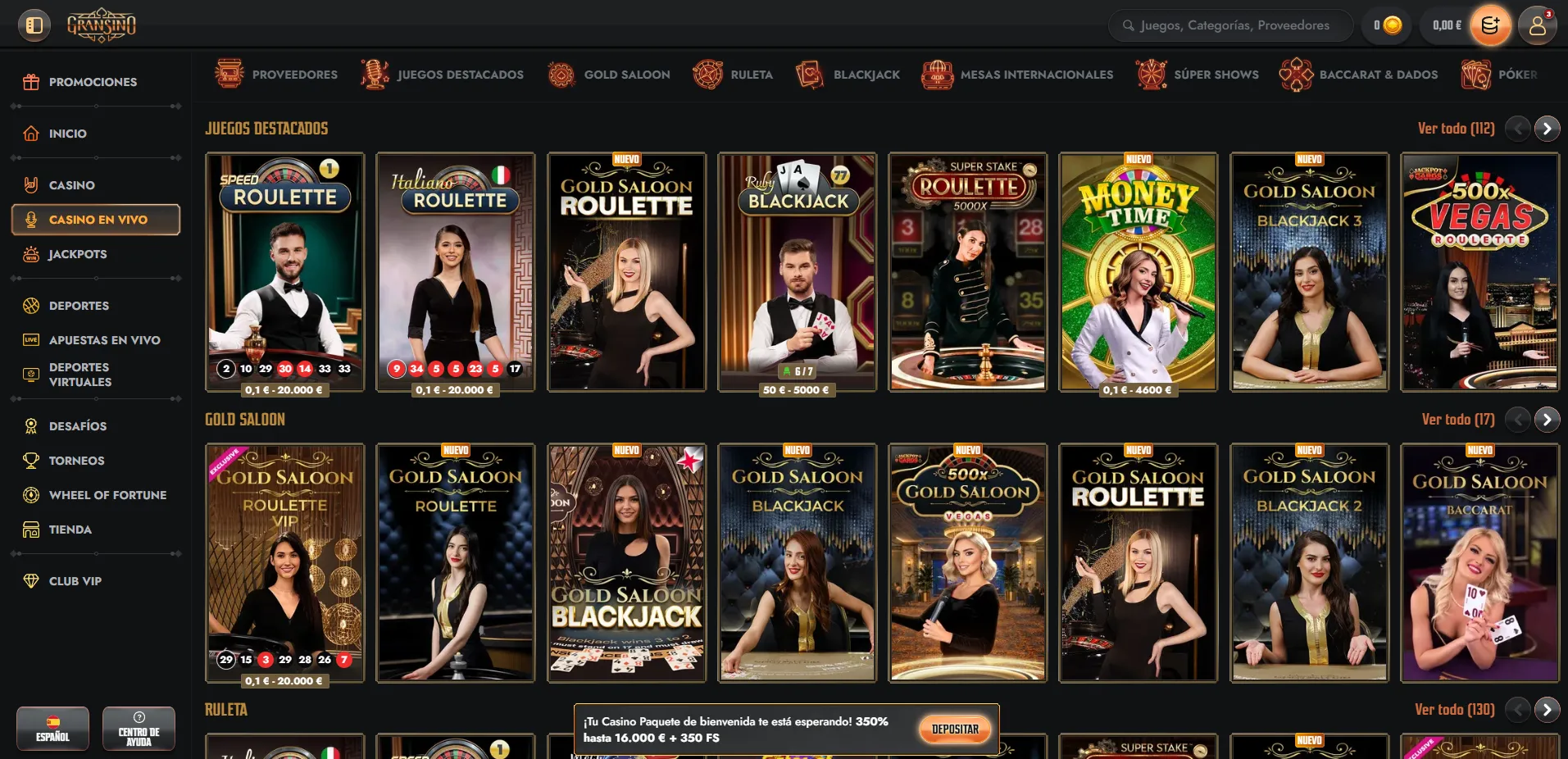 Mesas y juegos del casino en vivo Gransino