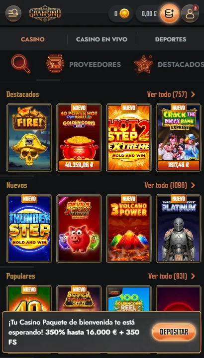 Casino Gransino en navegador móvil