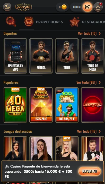 Pantalla móvil de casino y apuestas
