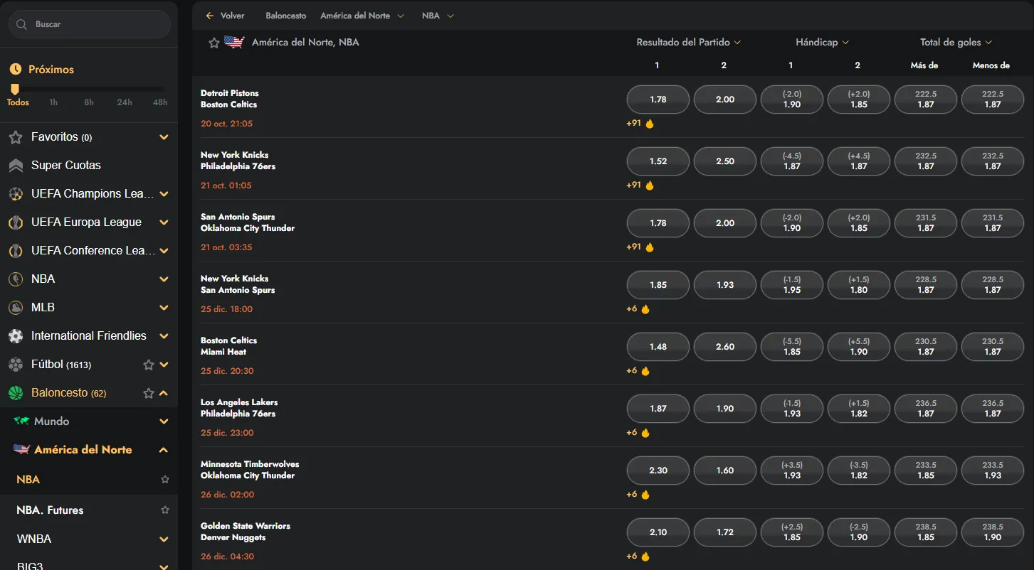 Menú de apuestas en directo