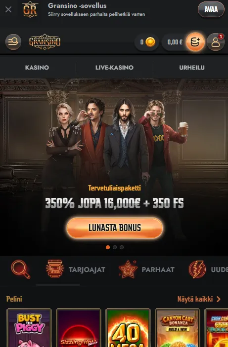 Gransinon mobiilikäyttö selaimessa