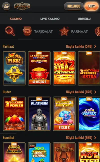 Gransino mobiilisivusto Android- ja iOS-selaimissa