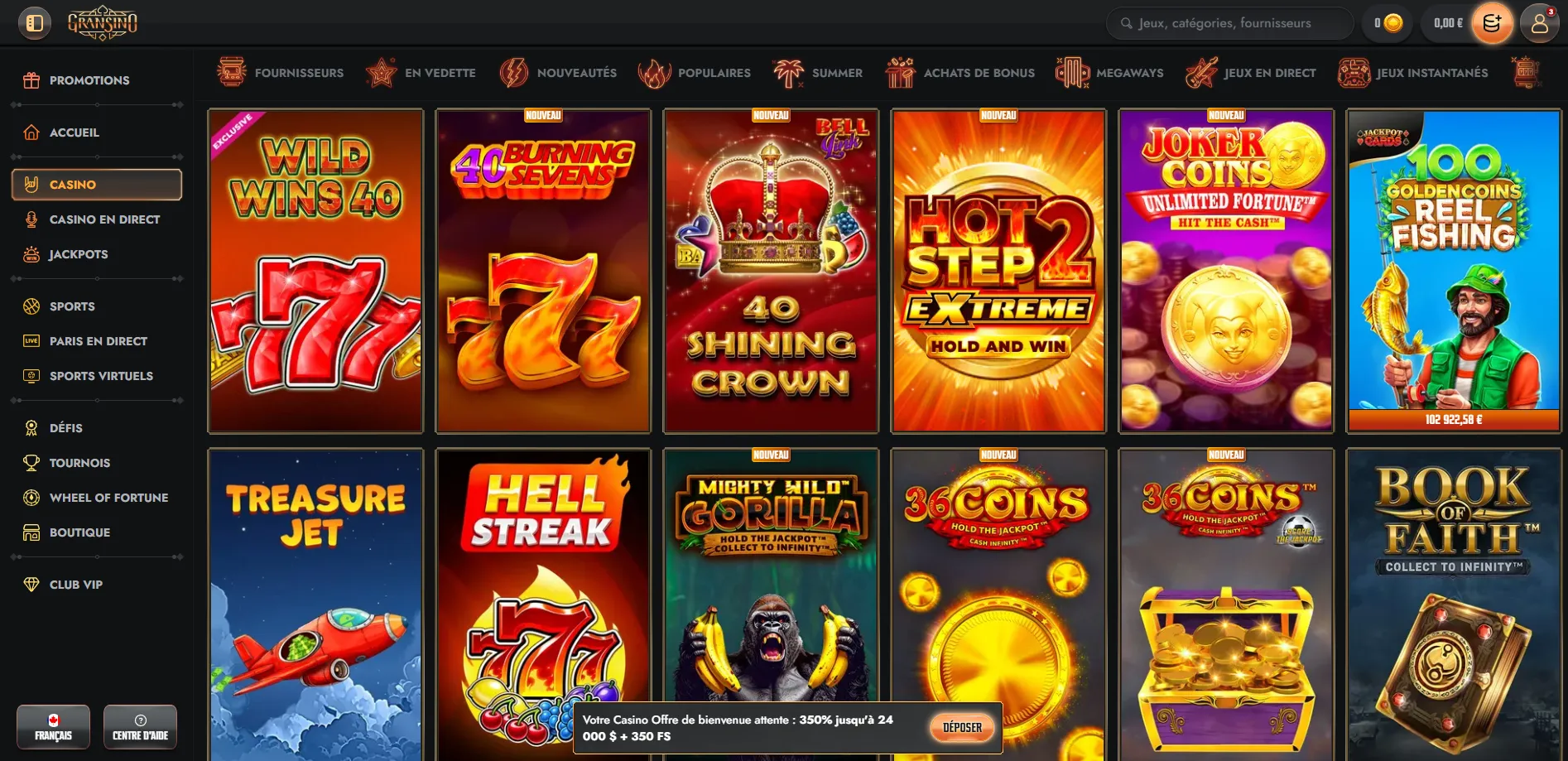 Interface sombre du casino Gransino avec jeux