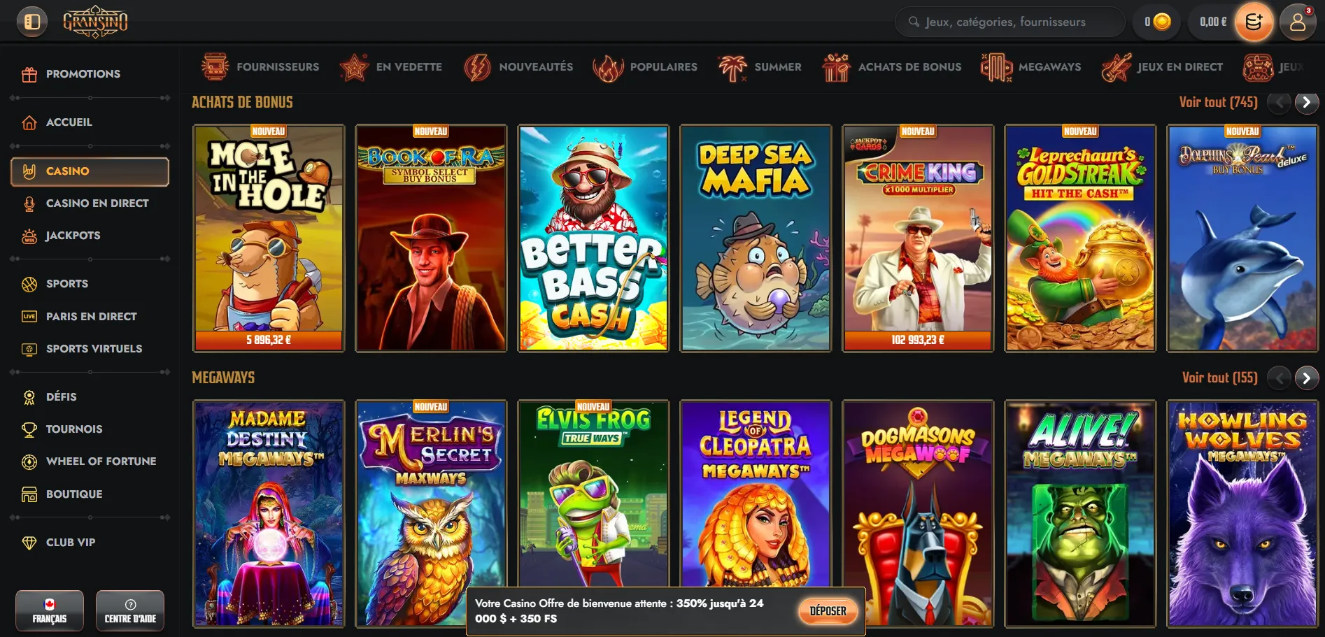 Jeux de casino et filtres Gransino