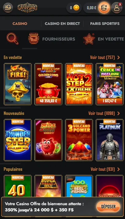 Casino Gransino dans un navigateur mobile